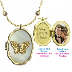 Personalized Text Laser Engraving Uv Color Photo Mother of Pearl Butterfly Locket Pendant Necklace...