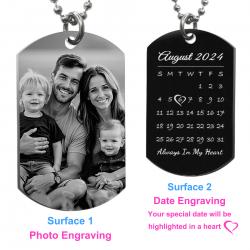 Custom Engraved Personalized Calendar Date & Photo Stainless Steel Dog Tag Pendant with Ball Chain Necklace 24 in