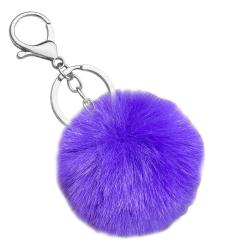 Cute Faux Fur Ball Pom Pom Universal Car Key Fob Holder Metal Keychain Lobster Clasp- Purple